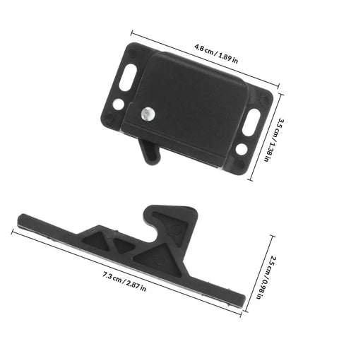 Black ABS RV Cabinet Door Latch And Catch Kit With Push To Close Mechanism Includes 8 Screws And 10 Double Sided Adhesive Strips