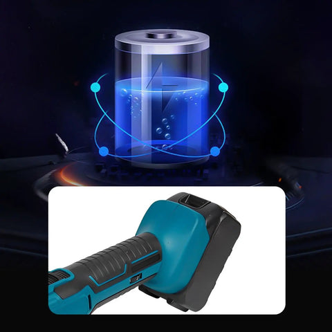 Cordless Battery Angle Grinder With Variable Speed And Low Vibration Ergonomic Handle showcasing battery design and ergonomic grip.
