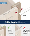 Heavy Duty Steel Cabinet Hinges Matte Black For Face Frame Doors shown with 1/2in overlay and installation guidance.