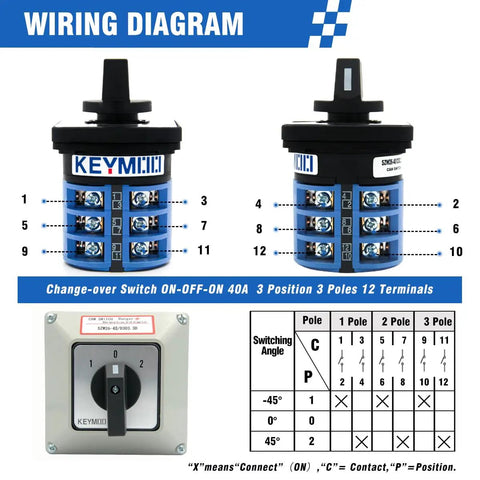 Wiring diagram for Beefy 40A Rotary Changeover Switch With Exterior Box 3 Position 3 Pole 12 Terminals IP65 Cam Box On Off On Selector