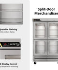 Top Shelf Heavy Duty Commercial Reach In Refrigerator With Split Glass Doors 49 Inch Two Section Design showcasing adjustable shelves.