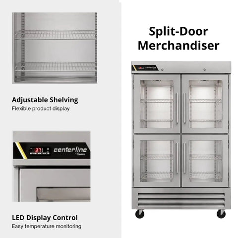 Top Shelf Heavy Duty Commercial Reach In Refrigerator With Split Glass Doors 49 Inch Two Section Design showcasing adjustable shelves.
