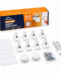8 Pack Magnetic Cabinet Locks for Baby Proofing with 12 locks, 2 keys, adhesive, and screws displayed next to packaging.