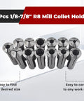 Pro Grade 13 Piece Collet Set One Eighth To Seven Eighth Inch R8 Mill Collet Holder For CNC Engraving Machines displayed