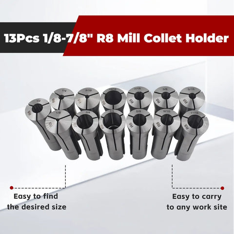 Pro Grade 13 Piece Collet Set One Eighth To Seven Eighth Inch R8 Mill Collet Holder For CNC Engraving Machines displayed