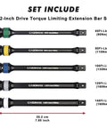 Five Piece One Half Inch Drive Torque Limiting Extension Bar Set With Color Coded Ends For Easy Use Pro Grade Built From Impact Grade Chrome Molybdenum Steel With Black Finish Spring Loaded End Ball Torque Settings 65 To 140 Ft Lbs 90 To 190 Nm.