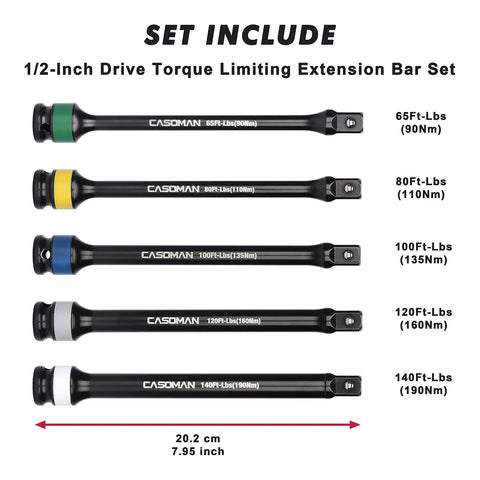Five Piece One Half Inch Drive Torque Limiting Extension Bar Set With Color Coded Ends For Easy Use Pro Grade Built From Impact Grade Chrome Molybdenum Steel With Black Finish Spring Loaded End Ball Torque Settings 65 To 140 Ft Lbs 90 To 190 Nm.