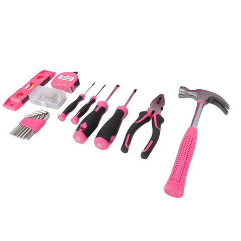 18 Piece Pink Hand Tool Set For Women, Beginner Friendly Home Repair Kit With hammer, screwdrivers, pliers on white background.