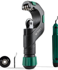 Heavy Duty Multi Material Pipe Cutter Tool Set For Copper Brass Aluminum And Stainless Steel 0.1875 Inch To 2 Inch Outer Diameter With Deburring Tools And Extra Blades By XUNTUI For HVAC And Plumbing Tubing, showing blade and deburring tool.