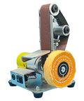 Built Like A Tank Mini Belt Sander And Polisher With Seven Adjustable Speeds Forward Reverse Control and Included Abrasive Strips showing sanding belt and polishing wheel.