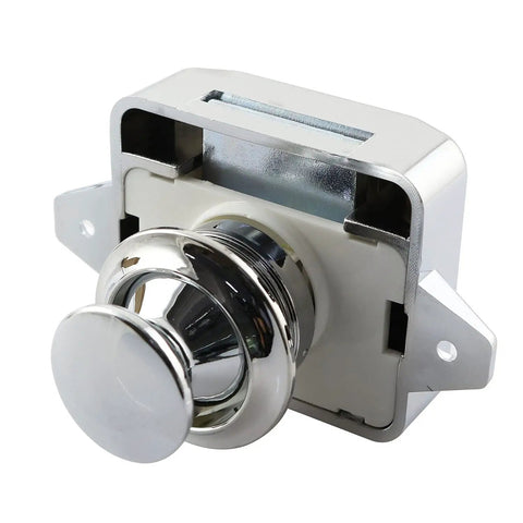 No Sweat Push Button Catch Lock Keyless Drawer Latch Knob For Rv Cabinets Boats And Camper Doors features silver finish and durable zinc alloy.