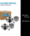 Front And Rear Wheel Bearing And Hub Kit Two Piece Set For Ford Escort 1991-2002 Mazda 323 1990-1994 Miata 1990-2005 MX 3 1992-1995 Protege 1990-2003 Mercury Tracer 1991-1999, showing 2 wheel bearings and 2 wheel hubs next to a TRQ box