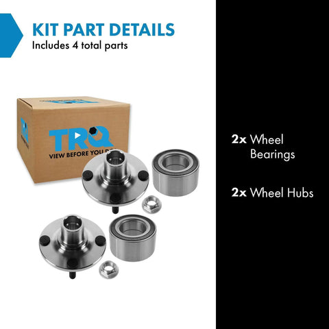Front And Rear Wheel Bearing And Hub Kit Two Piece Set For Ford Escort 1991-2002 Mazda 323 1990-1994 Miata 1990-2005 MX 3 1992-1995 Protege 1990-2003 Mercury Tracer 1991-1999, showing 2 wheel bearings and 2 wheel hubs next to a TRQ box