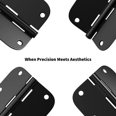 Heavy Duty Black Matte Door Hinges Set With Removable Pin 3.5 Inch 6 Pack Smooth Quiet Opening For Interior And Exterior Doors Five Eighths Inch Radius Corners Durable Iron Construction, showing four hinges at different angles.
