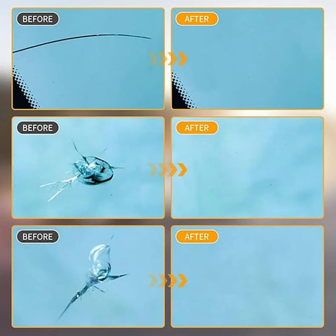 Before and after images using Windshield Crack Repair Kit With Premium Nano Repair Fluid For Chips And Cracks, Automotive Glass Fix Tool Set