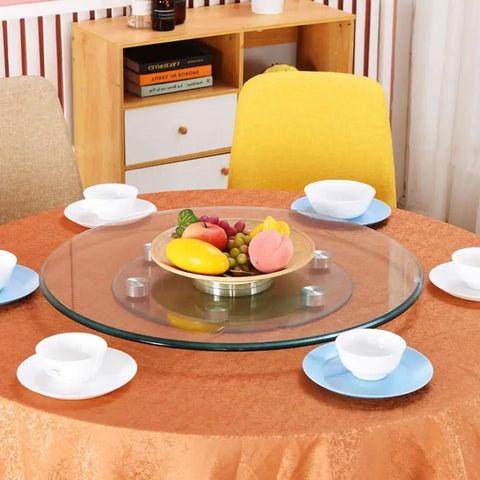 Tempered Glass Lazy Susan Turntable For Kitchen And Dining Table, 30 Inch Rotating Serving Tray with fruit bowl centerpiece.