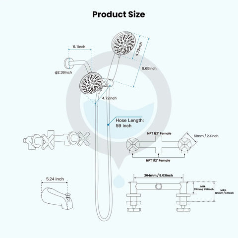 Upgrade Your Bathroom With This Gotonovo 2 Handle Tub Shower Faucet Set Featuring Dual Head System And Polished Chrome Finish For A Sleek Modern Look That Will Totally Freshen Up Your Daily Routine. product size diagram with 59-inch hose and 1/2-inch NPT fittings