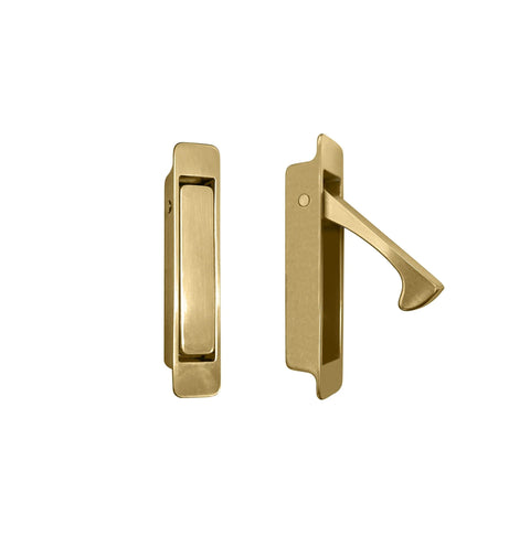 Forged Solid Brass Edge Pull For Sliding Pocket Doors, Self Retracting Latch, Flush With Door Panel, Hidden Screws, Polish Brass Finish