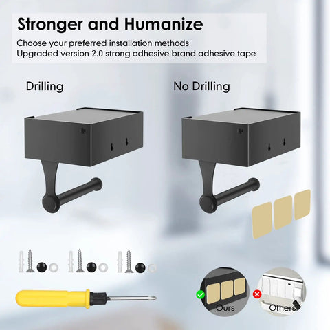 Toilet Paper Holder With Shelf And Wet Wipes Dispenser Stainless Steel Wall Mount, drilling and adhesive installation options