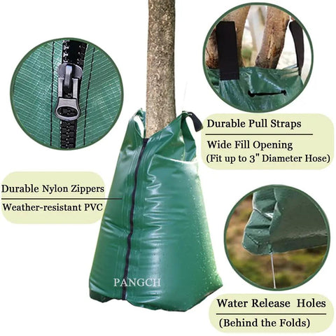 20 Gallon Slow Release Tree Watering Bags Pack Of 3 For Deep Root Hydration And Easy Drip Irrigation shown with zipper and hose opening.