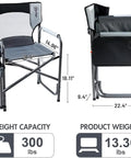 Heavy Duty 300 Lb Folding Director Chair With 2 Way Rotating Side Table Height Adjustable Swivel Tray Cup Holder Ergonomic Mesh Back