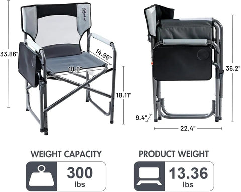 Heavy Duty 300 Lb Folding Director Chair With 2 Way Rotating Side Table Height Adjustable Swivel Tray Cup Holder Ergonomic Mesh Back