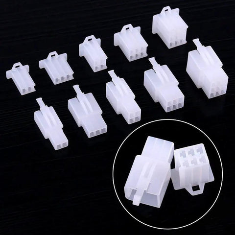Set of male and female plug housings from the All In One 290Pcs 2.8mm Wire Connector Kit With 2 3 4 6 9 Pin Male And Female Plug Housings And Crimp Terminals For Must Have Car Motorcycle Boat Wiring Repair Do It Yourself Harness Replacement.