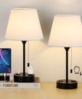 Set of 2 Modern Bedside Lamps With Ivory White Barrel Shade and Sleek Silver Metal Base, Dual USB and AC Ports
