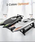Crazy Fast RC Racing Boat For Adults With Dual Motors Two Point Four GHz Remote Control Waterproof Hull 32cm shown in black and silver on stands.
