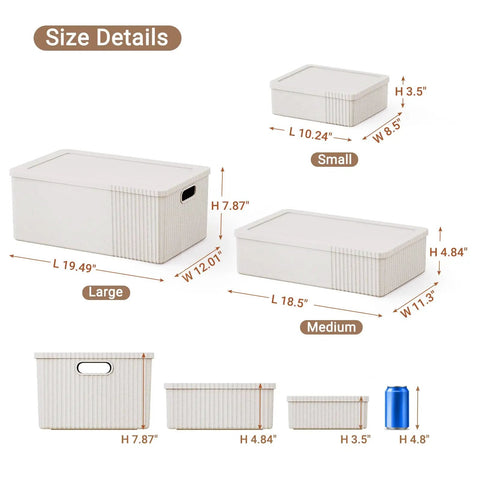Kickass Plastic Storage Bins With Lids Full Set detailed size chart of large, medium, and small bins for closet and office use.