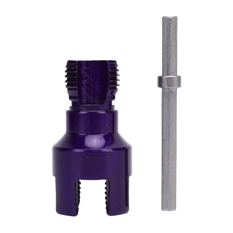 Get Ready To Tackle Any Pipe Job With This Heavy Duty Electric Drill Pipe Threader with purple die and hex shank.