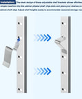 Heavy Duty Steel Shelf Clips For Cabinets And Bookshelves Adjustable Brackets installation process shown in metal slots