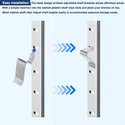 Heavy Duty Steel Shelf Clips For Cabinets And Bookshelves Adjustable Brackets installation process shown in metal slots