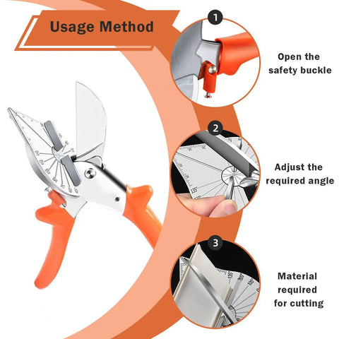 Multi Angle Miter Shear Cutter for Wood PVC and Molding Trim with 45 and 90 Degree Cutting Capability showing usage method