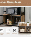 Built Tough 3 Layer Bread Rack And Industrial Kitchen Microwave Shelf With Double Door Storage Cabinet And Ventilated Grate Doors To Keep Your Counter Clean And Organized Straight Up with microwave, open shelves, and cabinet.