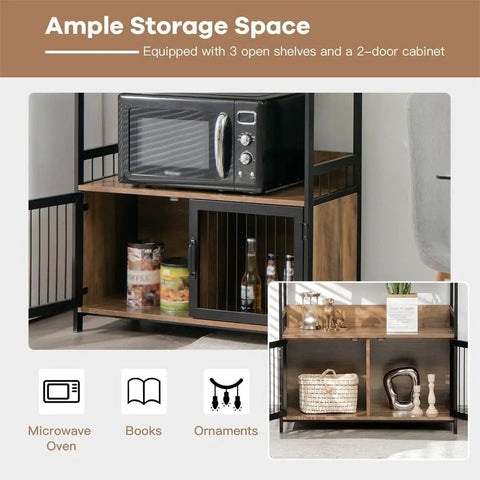 Built Tough 3 Layer Bread Rack And Industrial Kitchen Microwave Shelf With Double Door Storage Cabinet And Ventilated Grate Doors To Keep Your Counter Clean And Organized Straight Up with microwave, open shelves, and cabinet.
