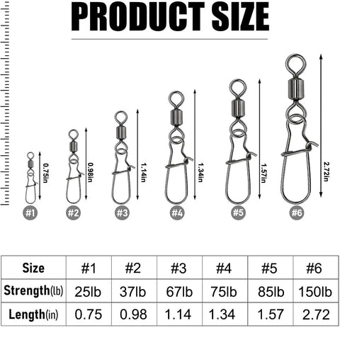 Speed Clips Fishing Lures 50 Pack Stainless Steel Snaps Swivels With Rolling Ball Bearing Barrel Swivel For Freshwater And Saltwater Quick Change Design 24 Pound Test Durable Lure Swap Kit size chart #1-#6