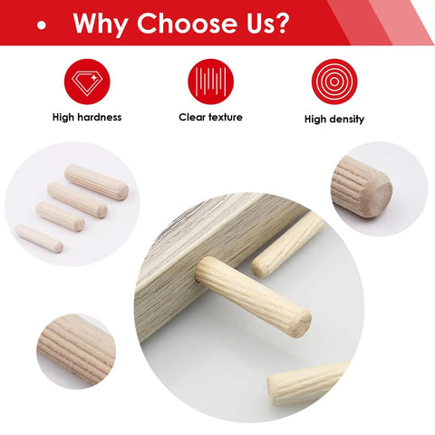 Fluted Wooden Dowel Pin Kit 255Pcs With Eight Sizes One Quarter Inch Five Sixteenth Inch Three Eighth Inch Handy For Crafts Furniture Doors DIYers Durable Straight Grooved Wood Dowels Perfect For Cabinet Making And Furniture Repair, fluted wood dowels in close-up