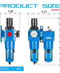 Pro Grade Air Filter Regulator Lubricator Combo With Water Oil Trap Separator 1 Inch NPT 0-150 Psi Gauge front and side view