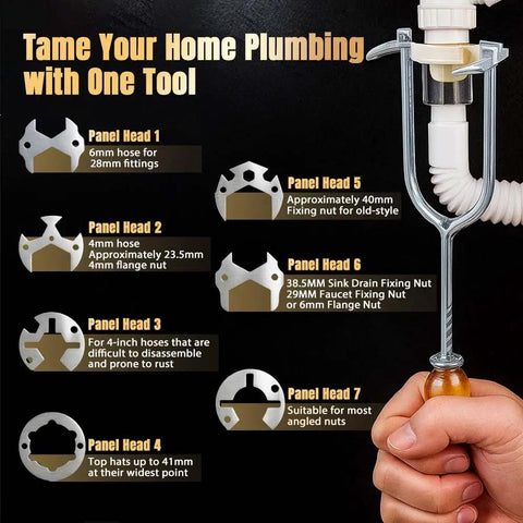 Under Sink Basin Wrench Tool With Seven Interchangeable Heads Pro Grade Plumbing Wrench shown with different head sizes