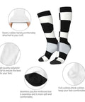 Black And White Piano Grid Thigh High Socks Unisex Breathable Moisture Wicking Crew Socks For Women Men, featuring elastic bands and cushioned toe.