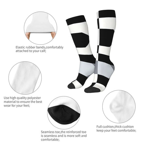Black And White Piano Grid Thigh High Socks Unisex Breathable Moisture Wicking Crew Socks For Women Men, featuring elastic bands and cushioned toe.