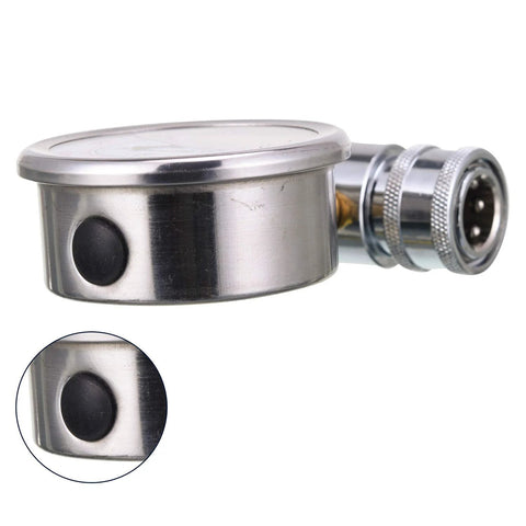 Side view of chrome pressure washer gauge with 3/8 in quick-connect socket and plug