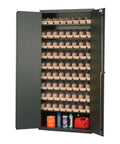 Heavy Duty Modular Shelving Cabinet With Eight Sloped Shelves And Forty Five Utility Storage Bins For Shop Floor Workflow 36Wx18Dx78H Inches featuring gray exterior and organized bins.