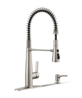 Slick Stainless Steel Kitchen Sink Faucet With Built In Soap Dispenser And Heavy Duty Pull Down Sprayer, sleek design, modern kitchen use.