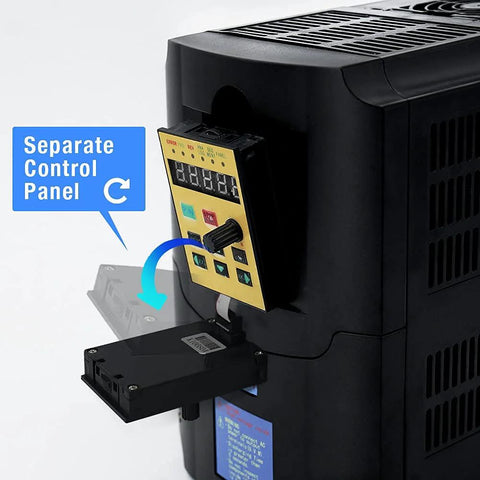 VFD drive with separate control panel attached to the side; black enclosure and yellow front panel with knob.