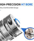 Close-up of flexible diaphragm coupling with H7 bore, showcasing chamfered bolt design, for 3D printer CNC machine servo motors.