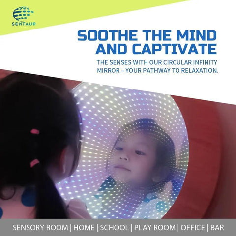 Child looking into Light Up 3D Circular Infinity Mirror With Color Changing Tunnel Lighting For Calming Sensory Stimulation In Classrooms And Clinics Multicolor Visual Illusion That Transforms Any Space; rainbow lights visible