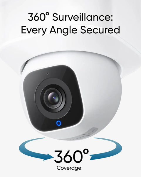 Close-up of Outdoor Floodlight Security Camera With 360 Degree Pan And Tilt, showing lens and 360° surveillance feature