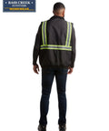 Back view of man wearing Hi Vis Yellow Insulated Safety Vest For Men With Reflective Tape Construction Workwear High Visibility Vest